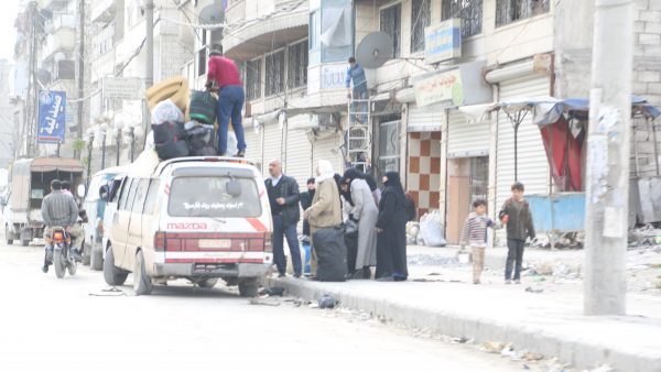 A family displaced due to the bombing campaign on Aleppo, al-Firdaous neighbourhood. Photo by : Hussam Kuifatia